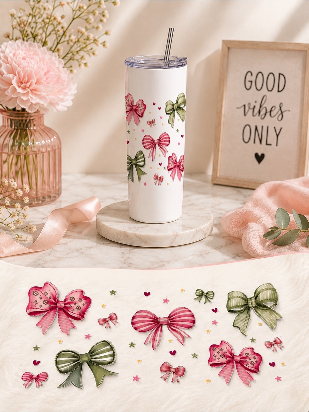 UV-DTF cup wrap Girls Pink & Green Decorative Bow